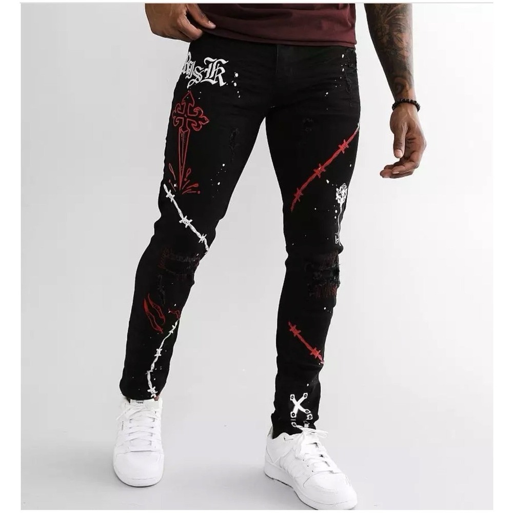 Smoke Rise 36x34 Urban Grunge Patch‎ Distressed Jeans Graffiti Punk Streetwear